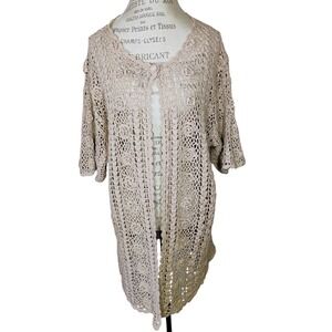 Vintage Lily Crochet Knit Cardigan Womens 2X Beige Bohemian Beach Cover Up Boho